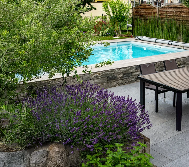 Espace extérieur aménagé avec piscine semi-enterrée à débordement, terrasse en dalles béton, massif de lavande violette au premier plan