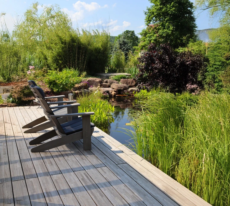 Jardin paysager avec bassin naturel et terrasse en bois