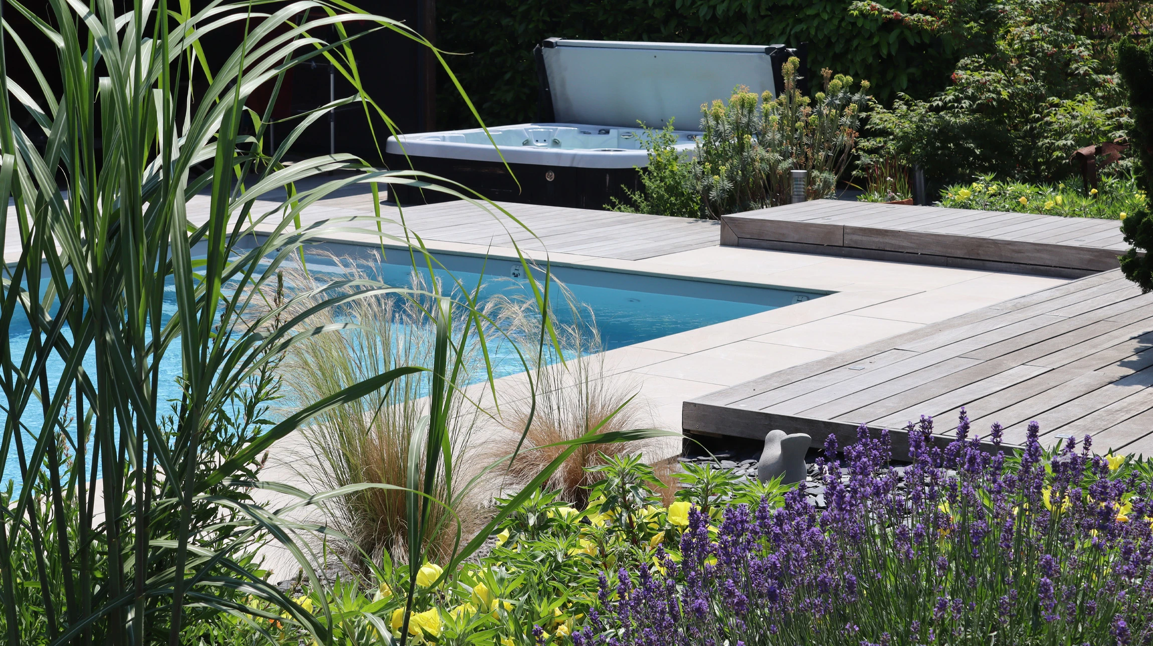 Espace extérieur résidentiel avec piscine turquoise rectangulaire et spa surélevé carrelé