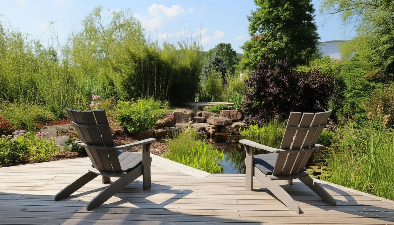 Terrasse extérieure résidentielle moderne avec salon de jardin gris sur deck en bois