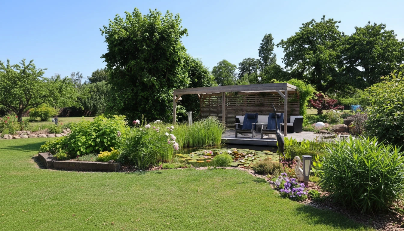 Jardin paysager avec allée gazonnée serpentant entre massifs floraux colorés