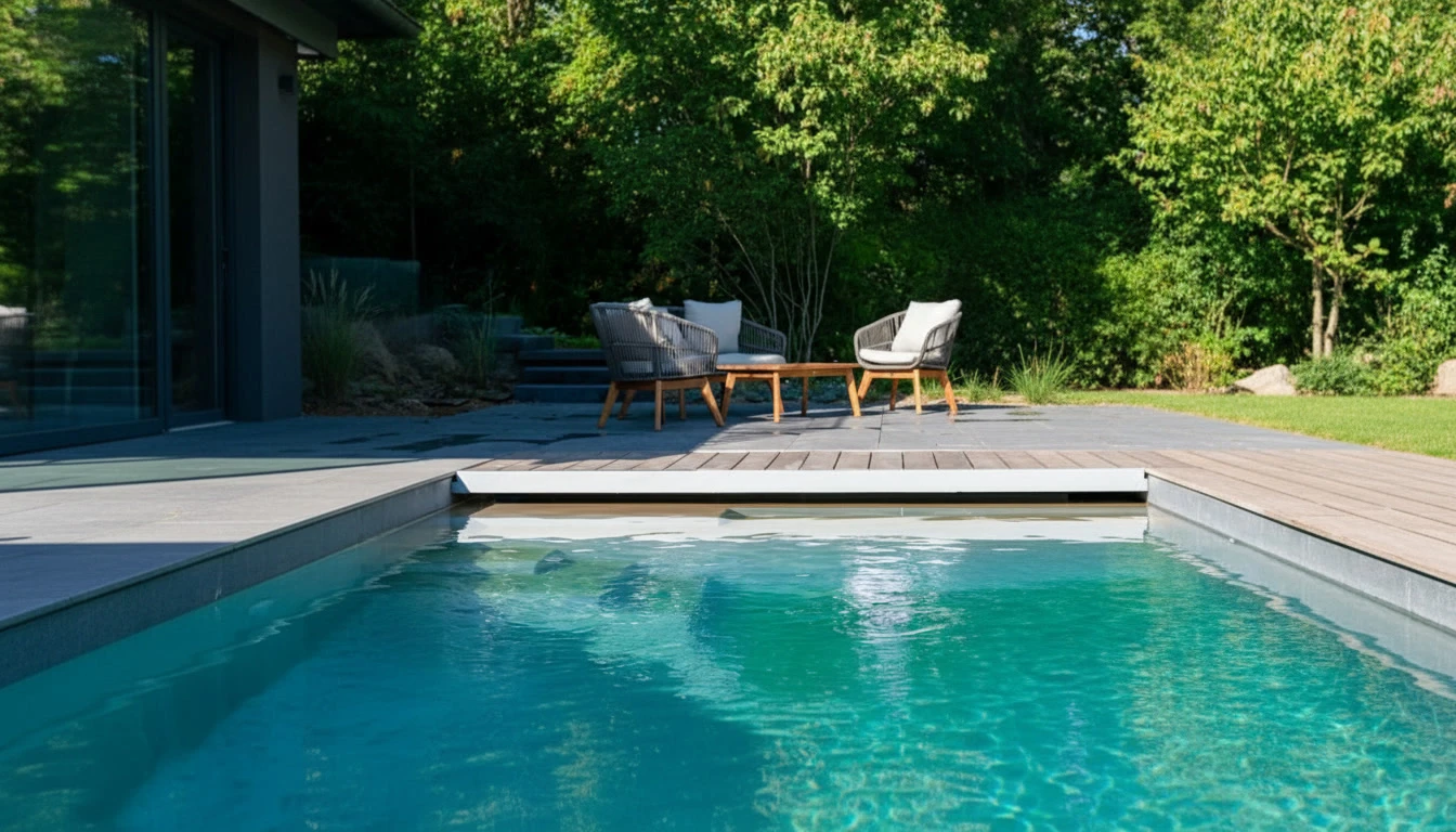Maison moderne avec piscine de jardin et terrasse en bois